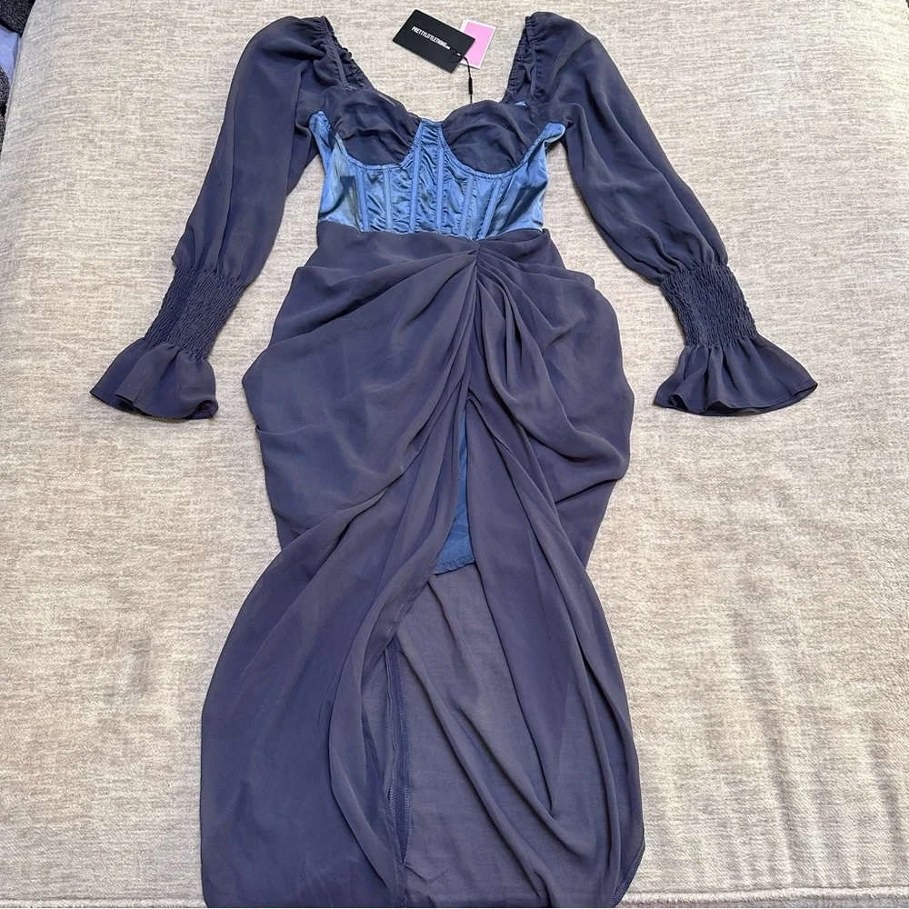 Pretty Little Thing Mineral Blue Satin Insert Draped Chiffon Midi Dress Small 6 - Picture 4 of 7